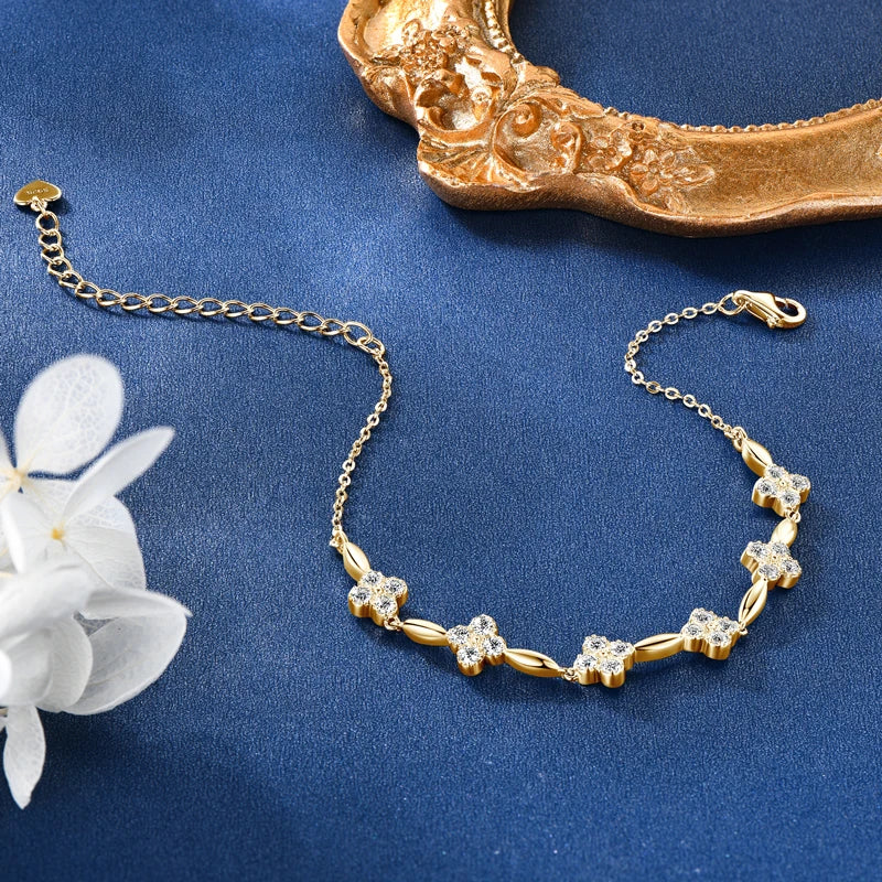 925 Sterling Silver Charm Flower Bracelet Summer Jewelry 14k Gold Plated 2mm All Moissanite Diamond Bracelet for Women