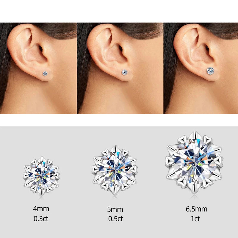 Heart Flaw 4mm/5mm/6.5mm/7.5mm/8mm Real Moissanite Stud Earrings Gold Plated 925 Sterling Silver Snowflake Earrings for Women