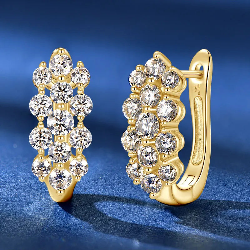 925 Silver Cluster Round Cut 3.5mm&3mm&2.5mm Moissanite Women Cluster Three Row U-Shaped Fashion Hoop Huggie Earrings for Women