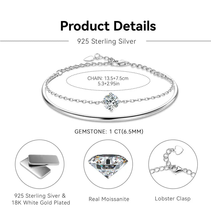 925 Sterling Silver Certified Jewelry EngagemenT 6.5mm 1CT Moissanite Four Claw Single Stone Bracelet Bangle