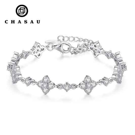 Hot Sale Classic Fashion Women Luxury Fine Jewelry Moissanite 925 Sterling Silver Clover Shape Adjustable Bracelet for Christmas