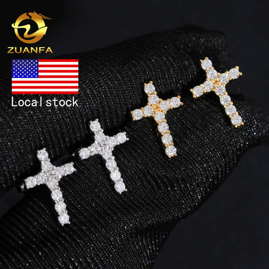 USA Stock Gra Certificate Cross Moissanite Stud Earrings 925 Sterling Silver Moissanite Iced Out Earrings for Men and Women