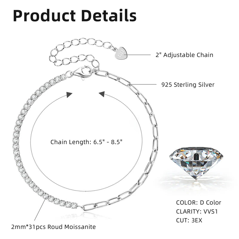 Hand Jewelry 2mm Moissanite Bracelet Korean Ins 925 Sterling Silver Paper Clip Chain Adjustable Bracelets for Women
