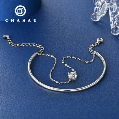 925 Sterling Silver Certified Jewelry EngagemenT 6.5mm 1CT Moissanite Four Claw Single Stone Bracelet Bangle