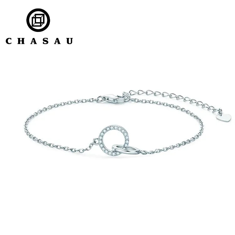 Geometric Round Casual 925 Sterling Silver Pave 1mm 0.005ct Moissanite Double Circle Eternity Sister Bolo Bracelet
