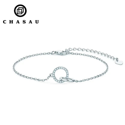 Geometric Round Casual 925 Sterling Silver Pave 1mm 0.005ct Moissanite Double Circle Eternity Sister Bolo Bracelet
