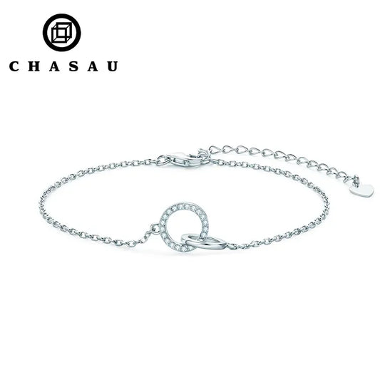 Geometric Round Casual 925 Sterling Silver Pave 1mm 0.005ct Moissanite Double Circle Eternity Sister Bolo Bracelet