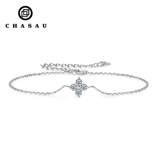 Korean Hand Jewelry 3mm Moissanite Bracelet Original S925 Sterling Silver Four-leaf Flower Adjustable Bracelets for Women