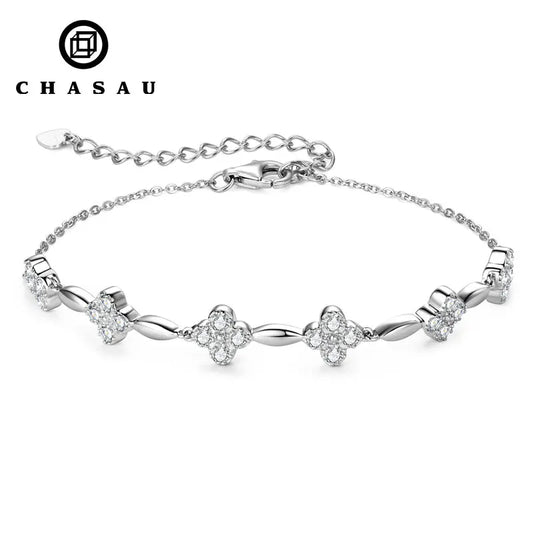 925 Sterling Silver Charm Flower Bracelet Summer Jewelry 14k Gold Plated 2mm All Moissanite Diamond Bracelet for Women