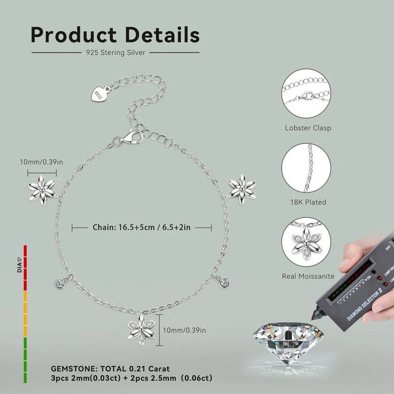 Adjustable Fashion Style S925 Silver Mossanite 2mm & 2.5mm Round Fine Flower Pendant VVS Moissanite Bracelet for Women Girls