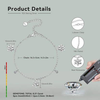 Adjustable Fashion Style S925 Silver Mossanite 2mm & 2.5mm Round Fine Flower Pendant VVS Moissanite Bracelet for Women Girls