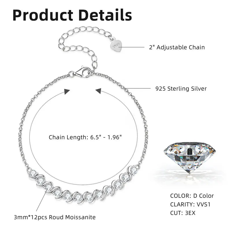 Fashion Classic Wedding 925 Sterling Silver D Color VVS1 3mm 0.1ct Round Cut Moissanite Bracelet for Women