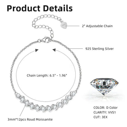 Fashion Classic Wedding 925 Sterling Silver D Color VVS1 3mm 0.1ct Round Cut Moissanite Bracelet for Women