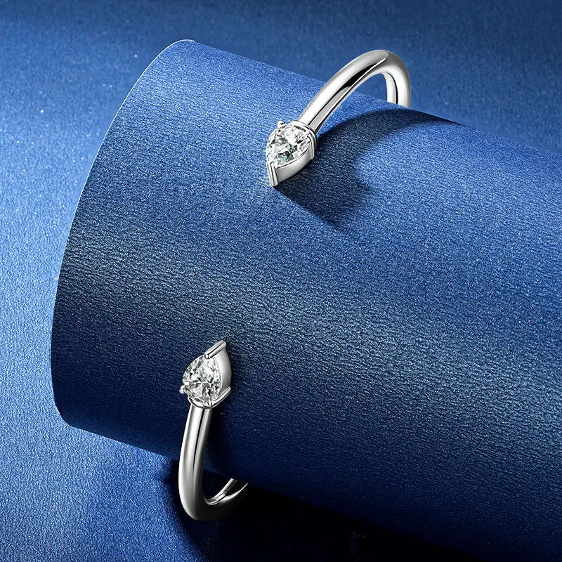 Simple 925 Sterling Silver Pear-shaped Cut 5x7mm 0.8ct Moissanite Open Cuff Bangle Flex Bracelet for Women with Certificate