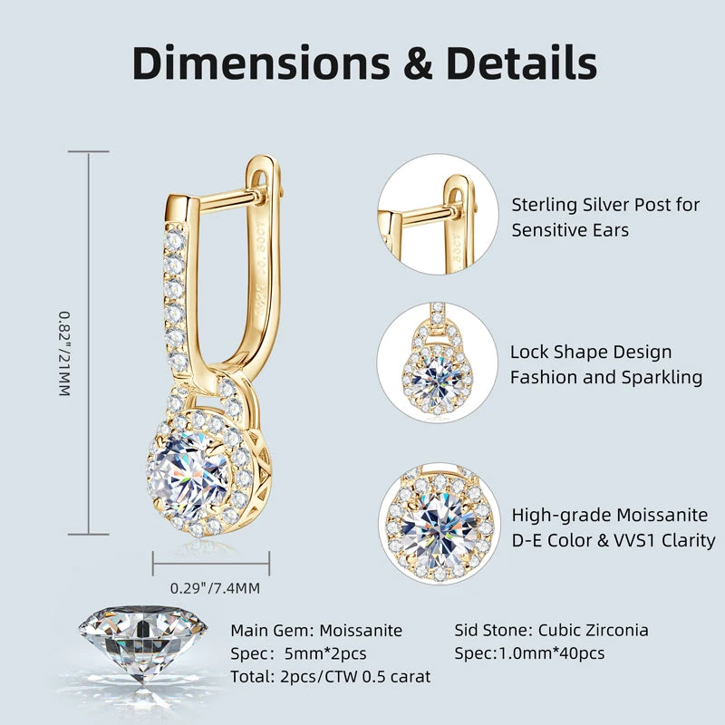 Sparkle 5mm 0.5ct Iced Out Light Luxury Moissanite 925 Sterling Silver U-Shaped Dangle Hoop Earrings for Women