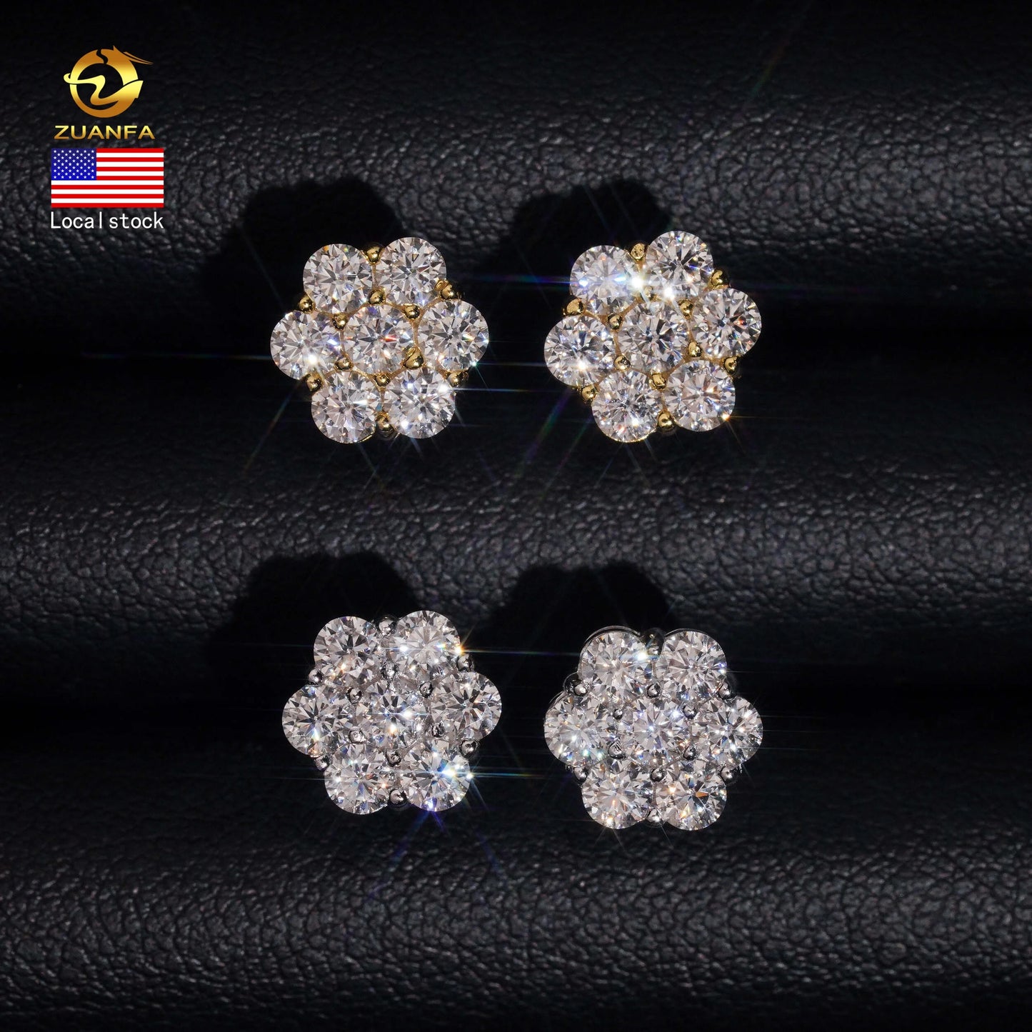 Ready Shipping Moissanite Earrings Screw Back Flower Stud Earrings 925 Silver Hip Hop Earring for Men and Women