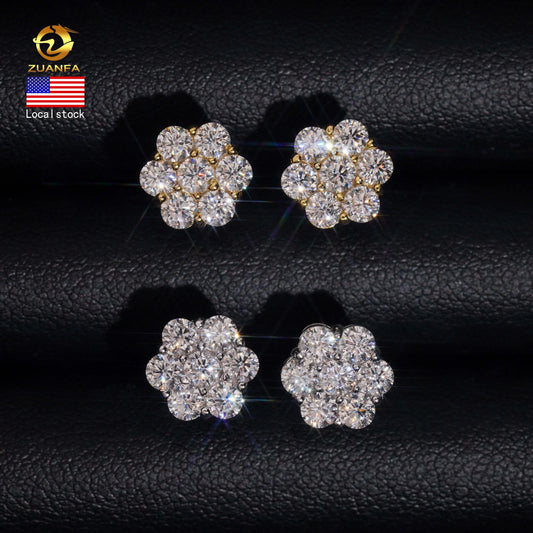 Ready Shipping Moissanite Earrings Screw Back Flower Stud Earrings 925 Silver Hip Hop Earring for Men and Women