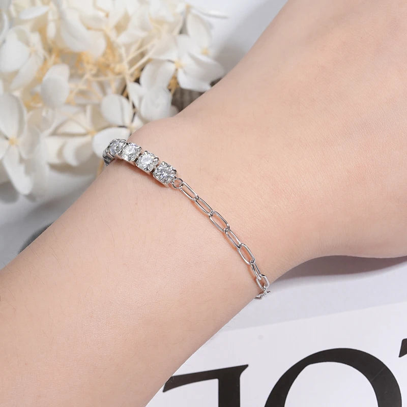 GRA 0.5CT 5MM Moissanite Tennis Bracelet Pass Diamond Tester 925 Sterling Silver Paperclip Chain Bracelets for Women