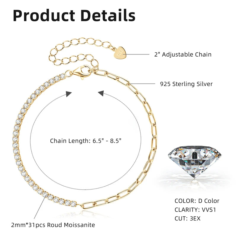 Hand Jewelry 2mm Moissanite Bracelet Korean Ins 925 Sterling Silver Paper Clip Chain Adjustable Bracelets for Women