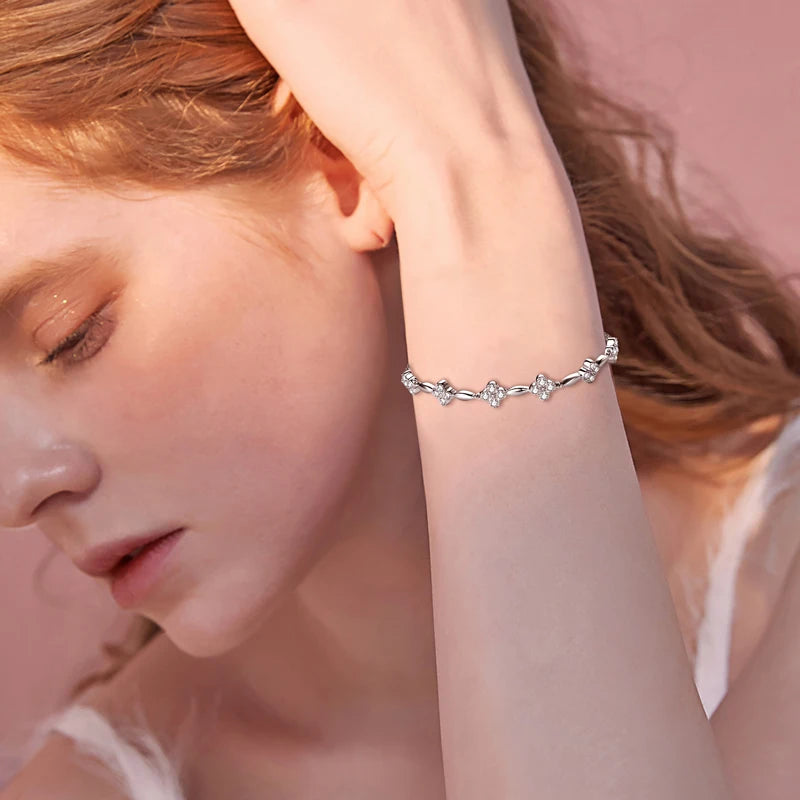 925 Sterling Silver Charm Flower Bracelet Summer Jewelry 14k Gold Plated 2mm All Moissanite Diamond Bracelet for Women