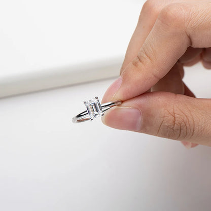 GRA Certification Solitaire Emerald Cut Moissanite Ring D Color 5x7mm 1.0ct Sterling Silver Engagement Promise Rings for Her