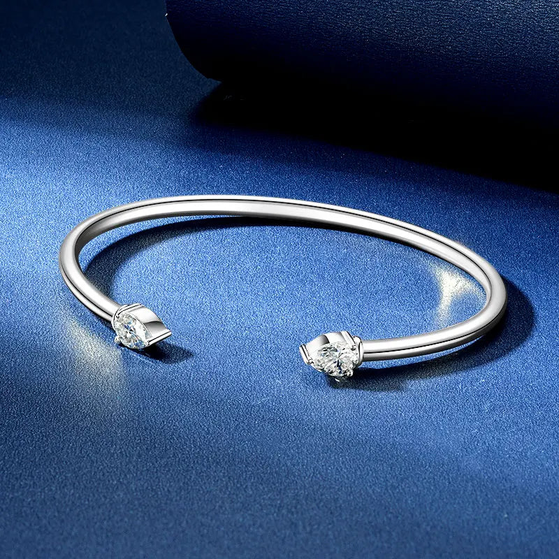 Simple 925 Sterling Silver Pear-shaped Cut 5x7mm 0.8ct Moissanite Open Cuff Bangle Flex Bracelet for Women with Certificate