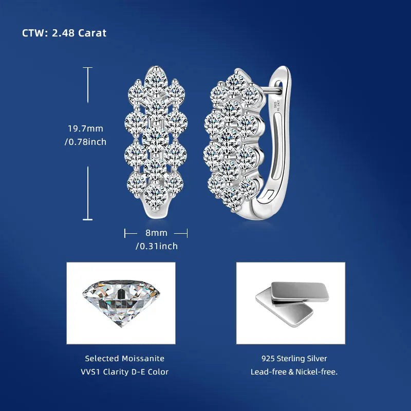 925 Silver Cluster Round Cut 3.5mm&3mm&2.5mm Moissanite Women Cluster Three Row U-Shaped Fashion Hoop Huggie Earrings for Women