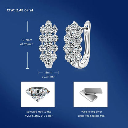 925 Silver Cluster Round Cut 3.5mm&3mm&2.5mm Moissanite Women Cluster Three Row U-Shaped Fashion Hoop Huggie Earrings for Women