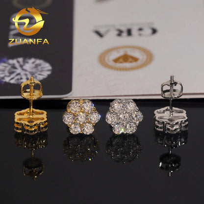 Ready Shipping Moissanite Earrings Screw Back Flower Stud Earrings 925 Silver Hip Hop Earring for Men and Women