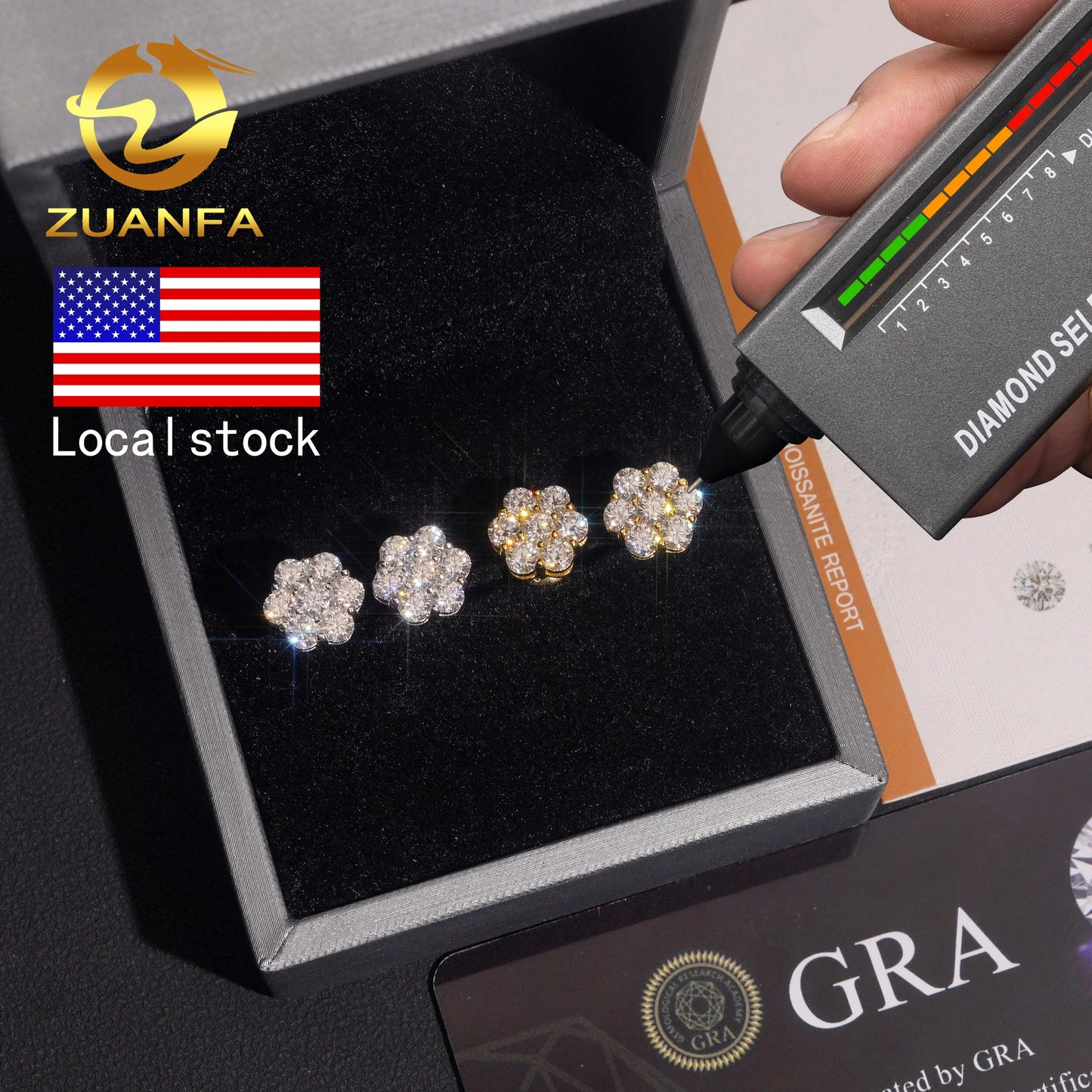 Ready Shipping Moissanite Earrings Screw Back Flower Stud Earrings 925 Silver Hip Hop Earring for Men and Women