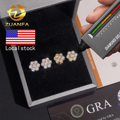 Ready Shipping Moissanite Earrings Screw Back Flower Stud Earrings 925 Silver Hip Hop Earring for Men and Women