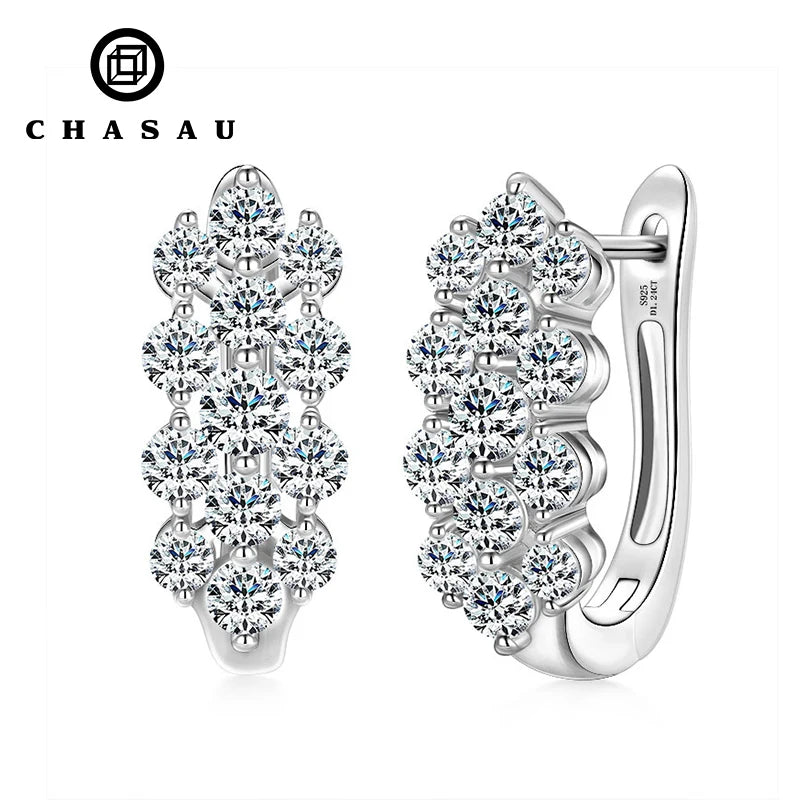 925 Silver Cluster Round Cut 3.5mm&3mm&2.5mm Moissanite Women Cluster Three Row U-Shaped Fashion Hoop Huggie Earrings for Women