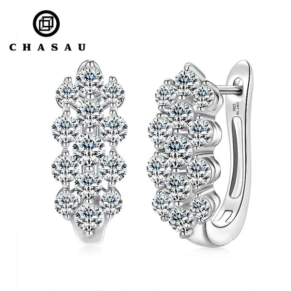 925 Silver Cluster Round Cut 3.5mm&3mm&2.5mm Moissanite Women Cluster Three Row U-Shaped Fashion Hoop Huggie Earrings for Women