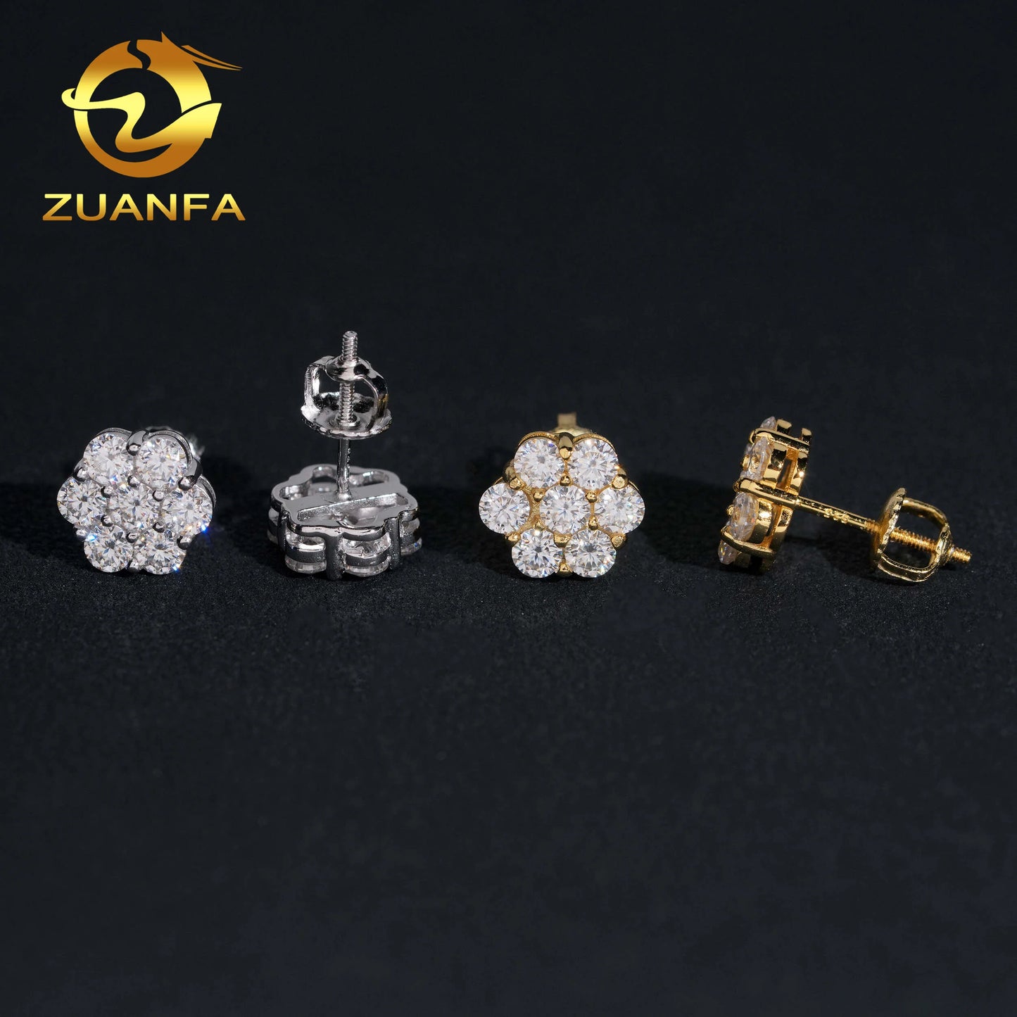 Ready Shipping Moissanite Earrings Screw Back Flower Stud Earrings 925 Silver Hip Hop Earring for Men and Women