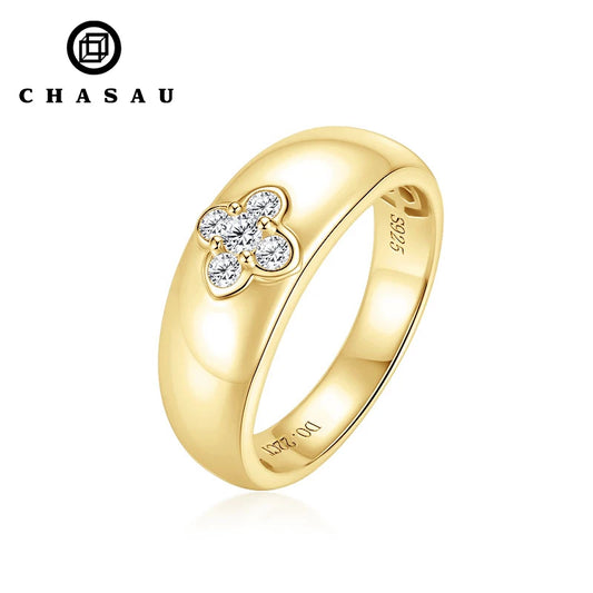 High Quality VVS1 D Color Wedding Bridal 925 Sterling Silver Round VVS Moissanite 14k Gold Plated Chunky Clover Ring for Women