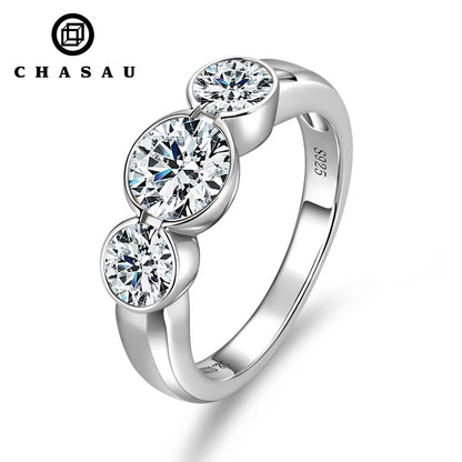 925 Silver Clad 6.5mm 1.0ct 5mm 0.5ct Round Moissanite Three Stone Engagement Ring Women Wedding Band for Women