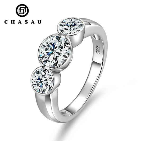925 Silver Clad 6.5mm 1.0ct 5mm 0.5ct Round Moissanite Three Stone Engagement Ring Women Wedding Band for Women