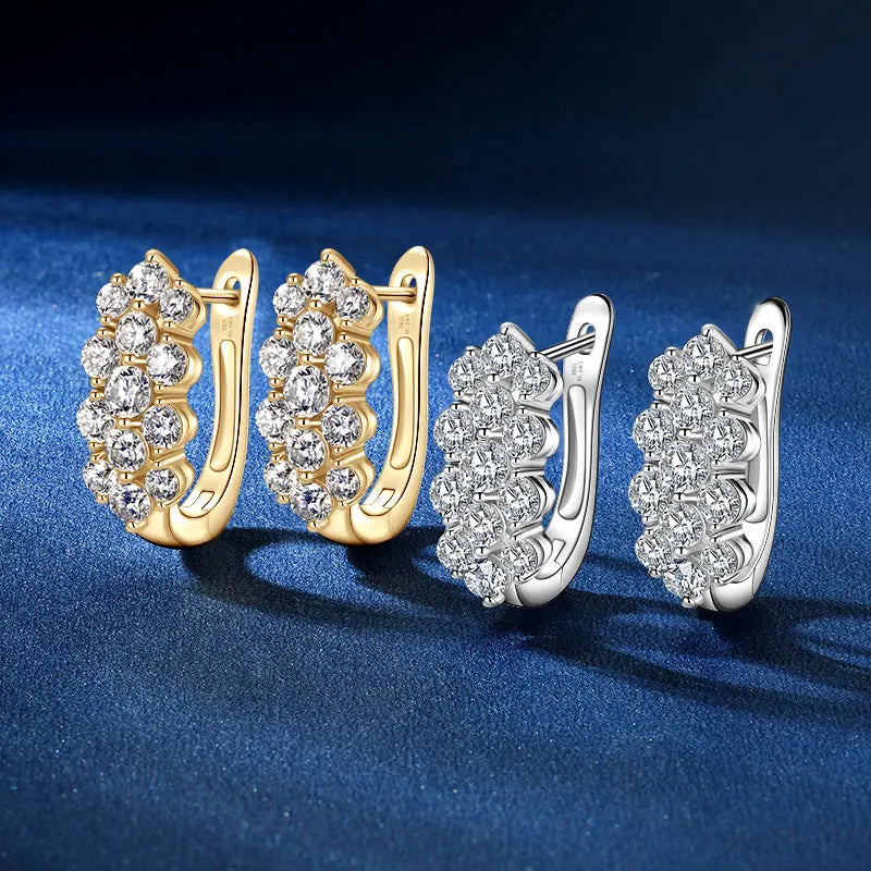 925 Silver Cluster Round Cut 3.5mm&3mm&2.5mm Moissanite Women Cluster Three Row U-Shaped Fashion Hoop Huggie Earrings for Women