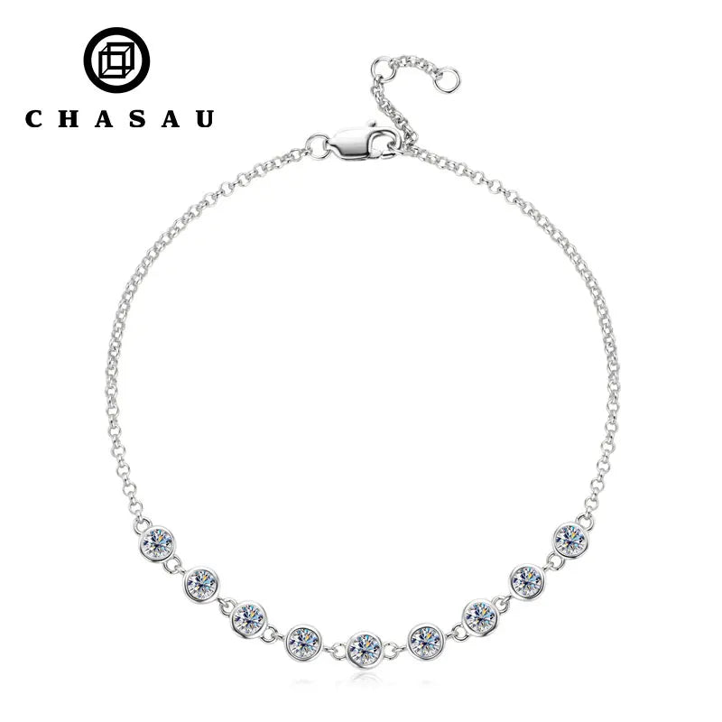 Charms Round Full 3mm 0.1ct Moissanite Diamond Adjustable Chain Bracelet 925 Sterling Silver Original Bracelets for Women
