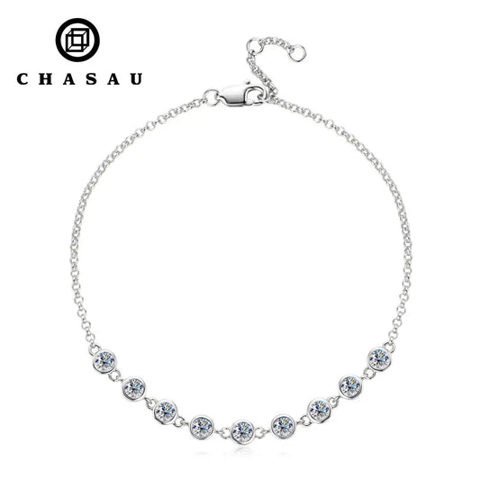 Charms Round Full 3mm 0.1ct Moissanite Diamond Adjustable Chain Bracelet 925 Sterling Silver Original Bracelets for Women