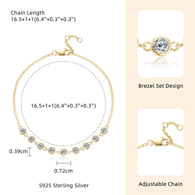 Charms Round Full 3mm 0.1ct Moissanite Diamond Adjustable Chain Bracelet 925 Sterling Silver Original Bracelets for Women