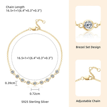 Charms Round Full 3mm 0.1ct Moissanite Diamond Adjustable Chain Bracelet 925 Sterling Silver Original Bracelets for Women