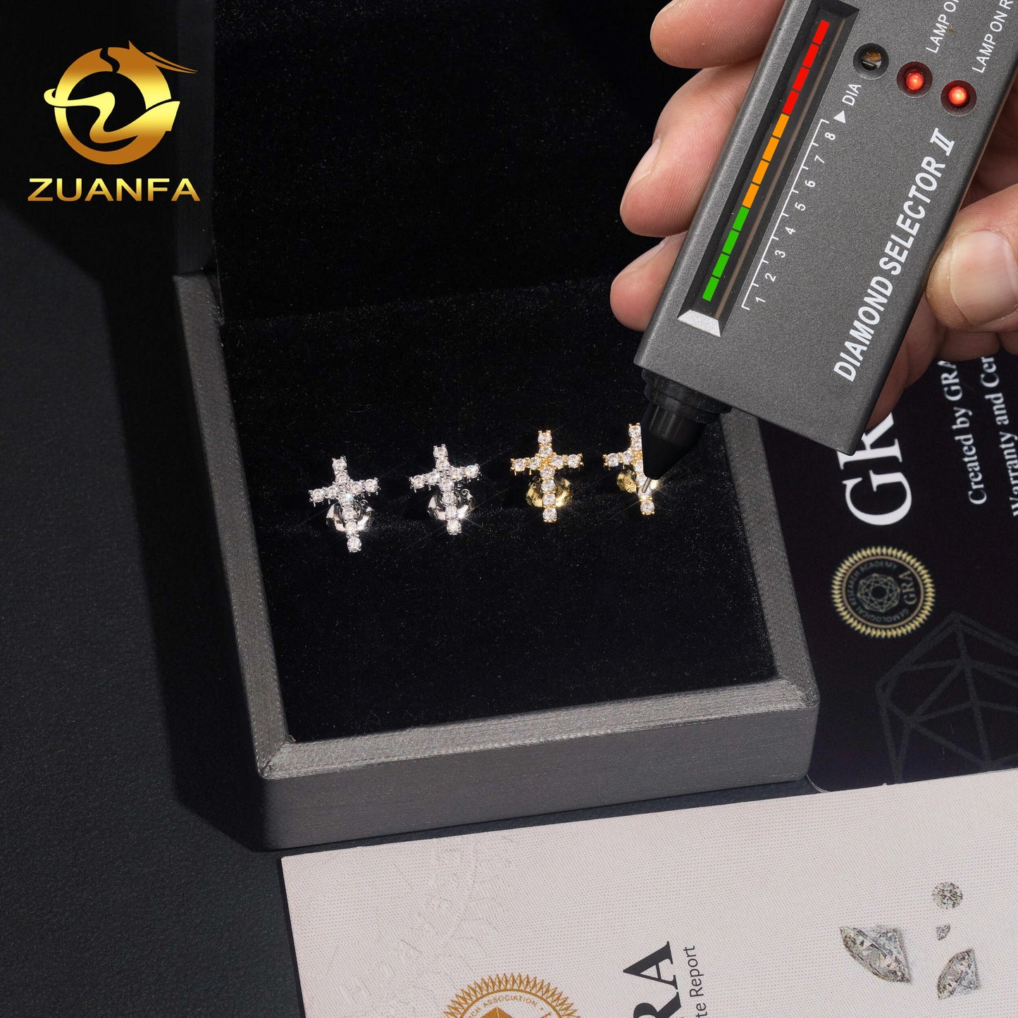 USA Stock Gra Certificate Cross Moissanite Stud Earrings 925 Sterling Silver Moissanite Iced Out Earrings for Men and Women