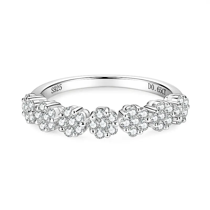 925 Silver 0.65CT 1.6mm & 1.5mm Round Moissanite Flower Half Eternity Band Lady Seven Little Flowers Exquisite Half-body Ring