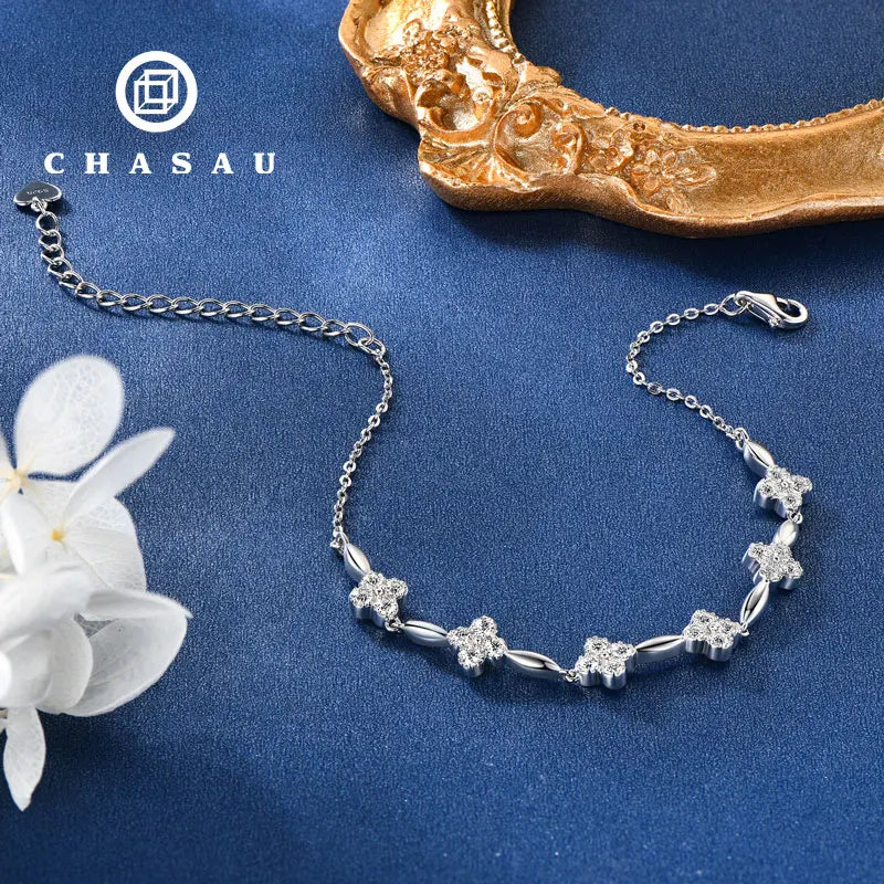 925 Sterling Silver Charm Flower Bracelet Summer Jewelry 14k Gold Plated 2mm All Moissanite Diamond Bracelet for Women