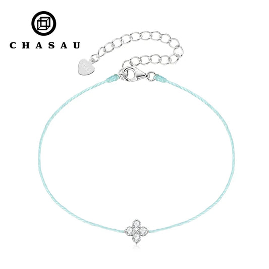 Floral-Style 925 Silver 2.5mm 0.06ct Moissanite Fashion Blue Red String Four-Leaf Clover Bracelet for Women Valentine's Day